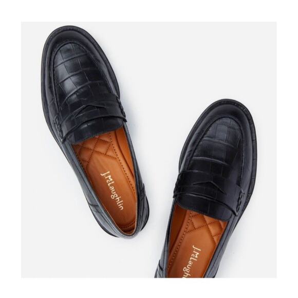 J. McLaughlin Concetta Croc Leather Penny Loafer Women's 8 Black Academia Preppy - Picture 1 of 13